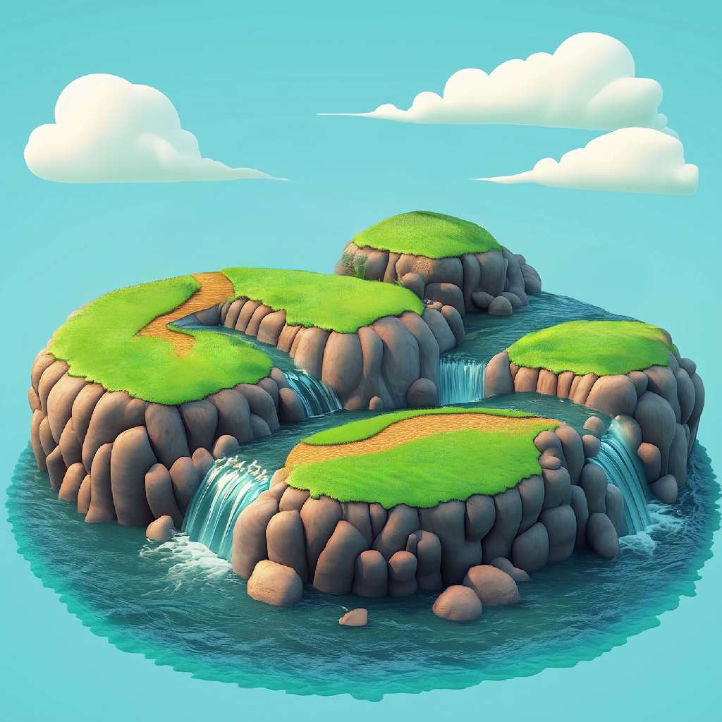 A cartoon island with green grass and waterfalls surrounded by water.