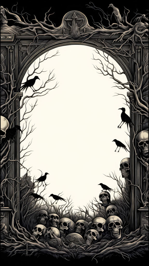 A black and white illustration of a spooky archway with skulls and crows