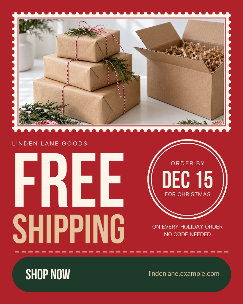 Red holiday shipping promo post with wrapped gifts, shipping box, and large free shipping text.