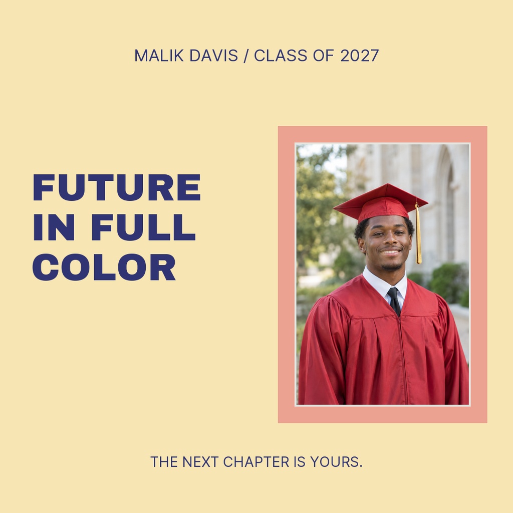 Colorful graduation square post with a graduate portrait and the words Future in Full Color.