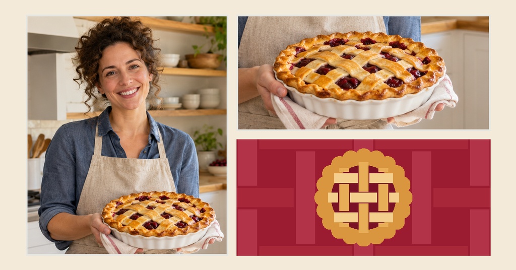 Smiling baker holding a lattice pie beside a sliced pie and decorative pie graphic.