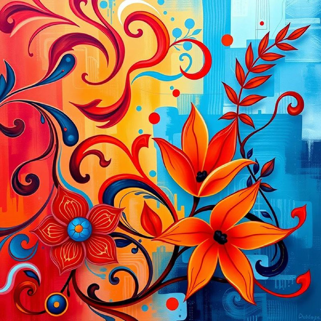 Stylized orange flowers with red and blue swirls on a gradient cityscape background