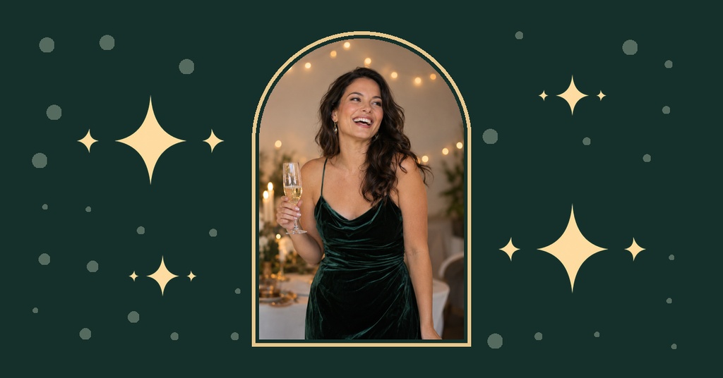 Woman in a green dress standing in an arched frame on a dark green starry background.