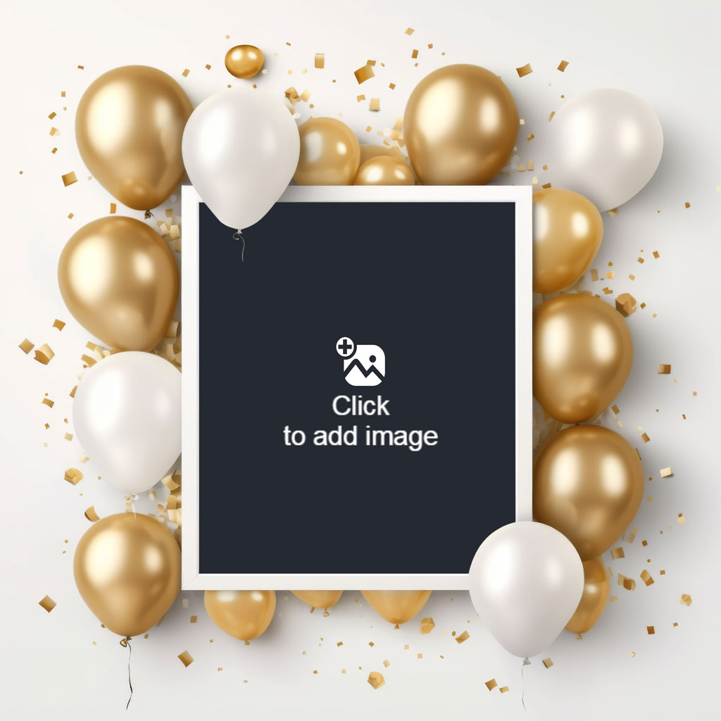 A white frame with a black background surrounded by gold and white balloons and confetti.