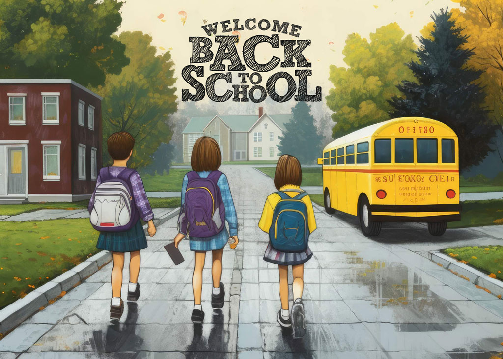 Three schoolgirls with backpacks walking towards a yellow school bus