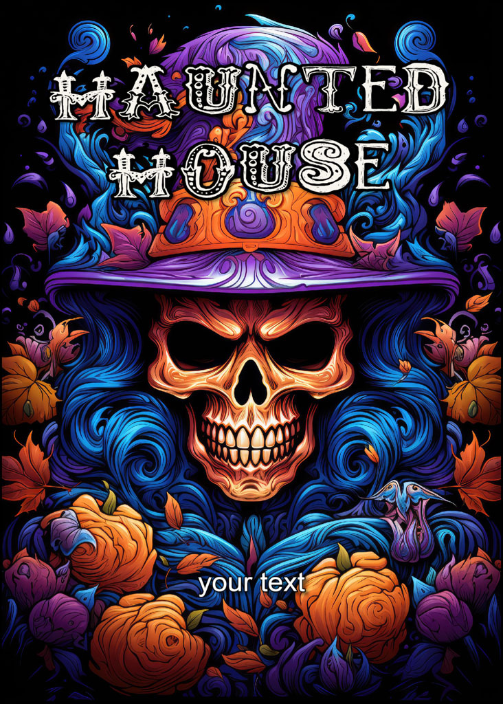 Haunted house template with colorful skull and floral elements