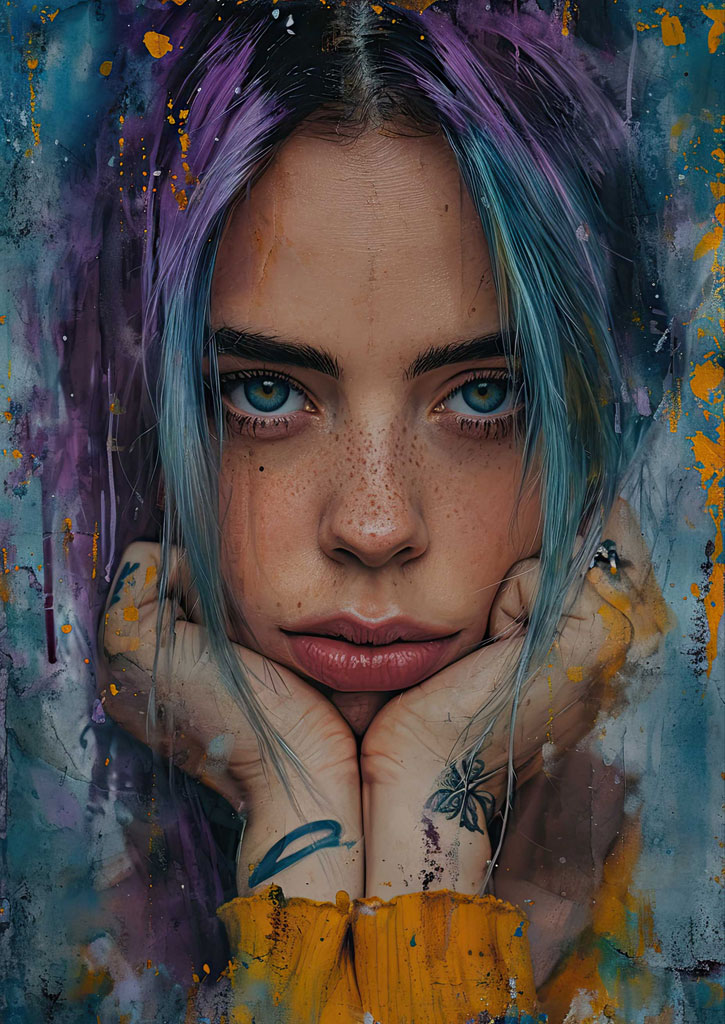 A young woman with blue eyes and purple-blue hair, resting her chin on her hands, which display tattoos, against a colorful abstract canvas.