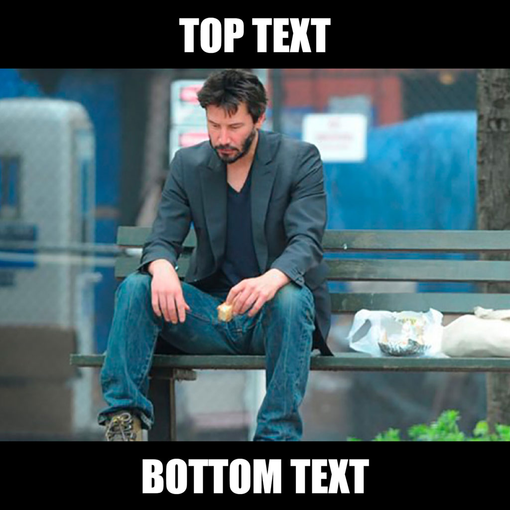 Man sitting on a bench eating a sandwich with a sad expression