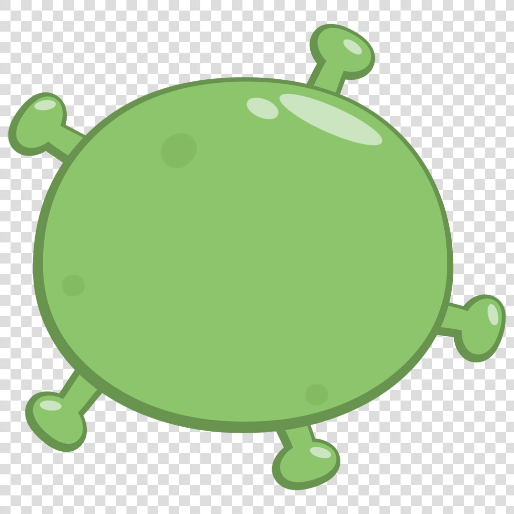 A cartoon germ with a round body and small protrusions.