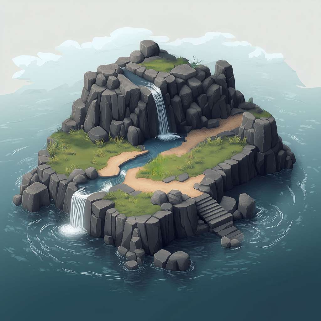 A digital illustration of a small island with multiple waterfalls and a staircase leading into the water.