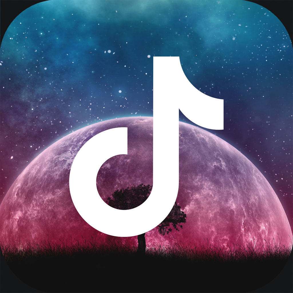 TikTok logo over a pink moon with a tree silhouette