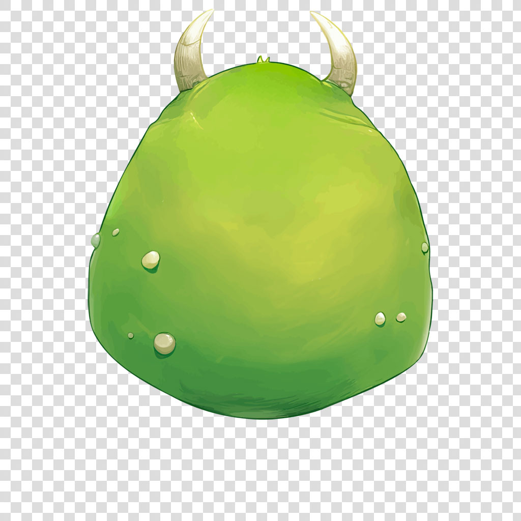A green cartoon monster head with two horns and several bumps.