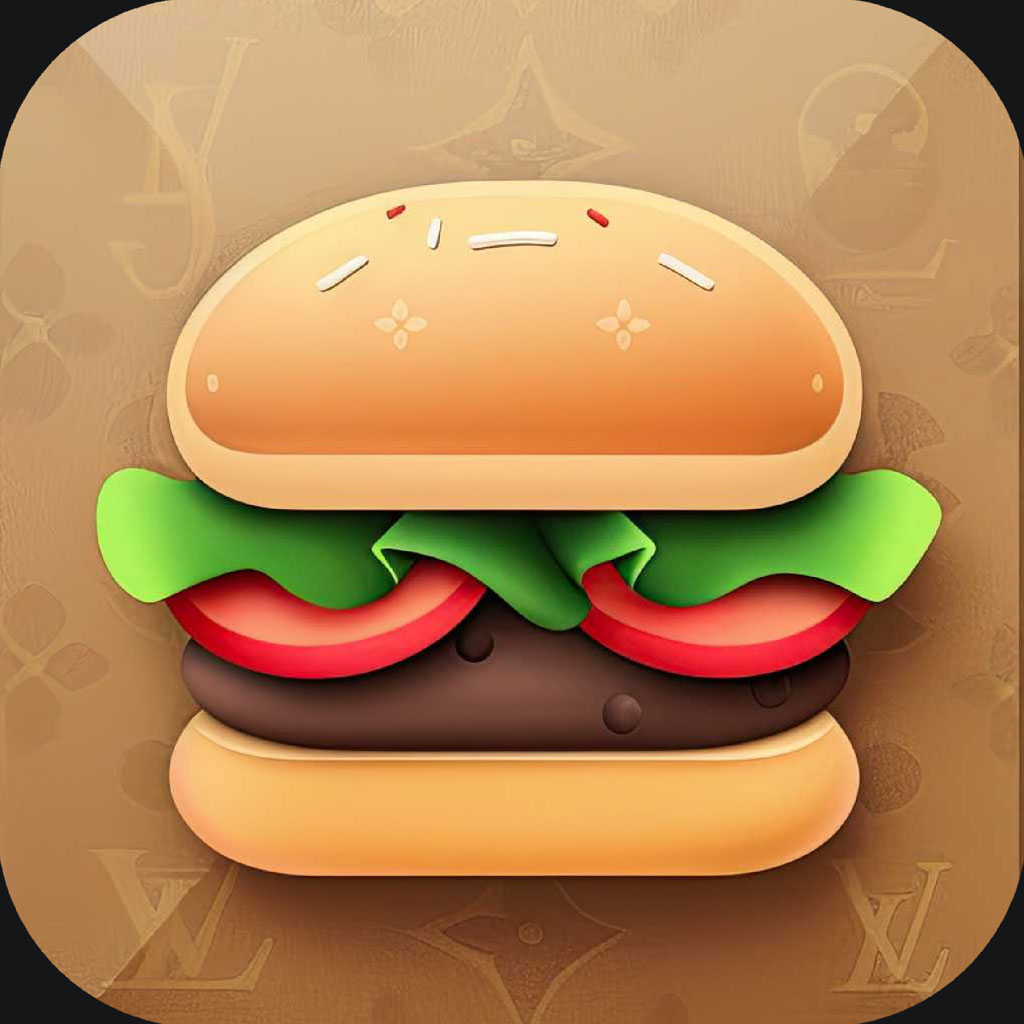 A cartoon burger with lettuce and tomato on a Louis Vuitton patterned background.