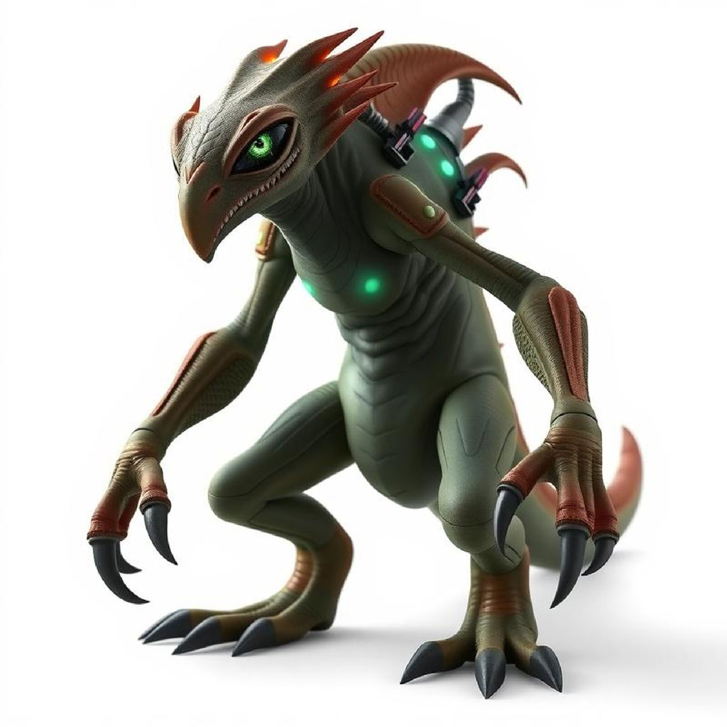A digital artwork of a green, cybernetically enhanced reptilian creature with sharp claws and glowing green accents.