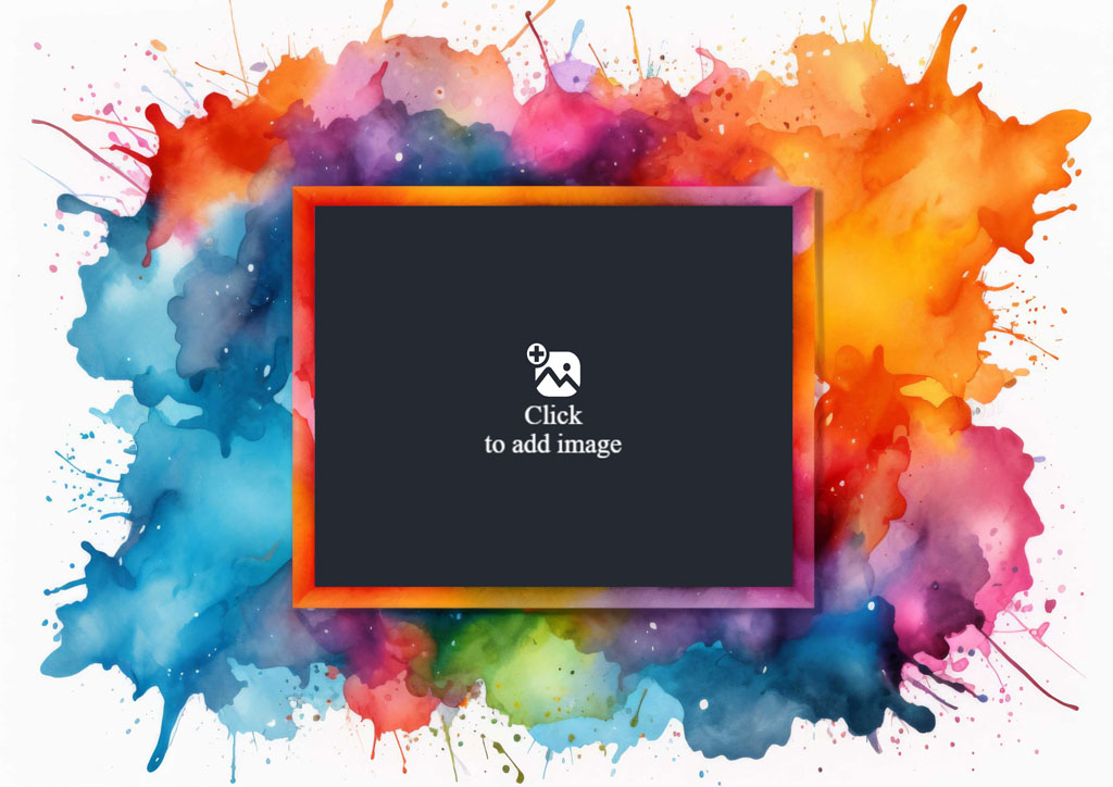 A multicolored watercolor splash with a black rectangle outlined in orange and purple.