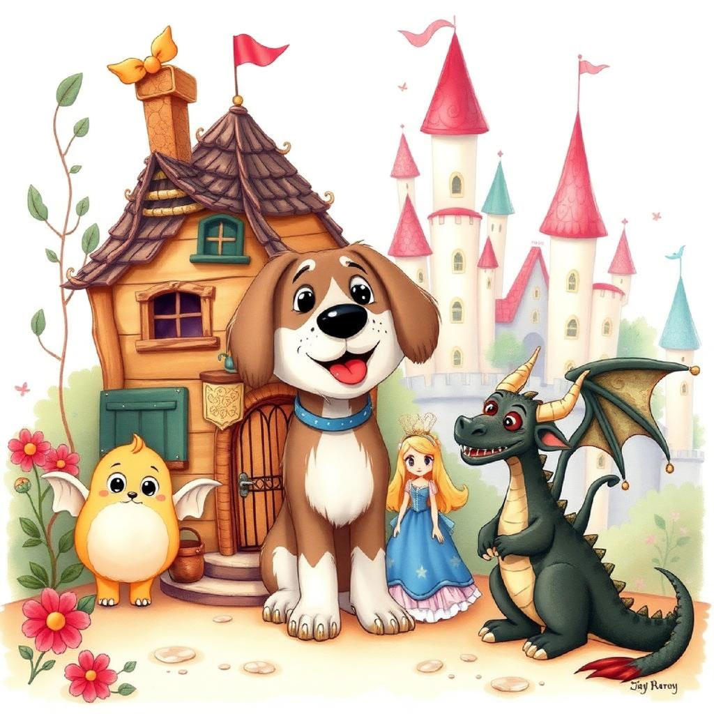 Illustration of a princess with two friendly monsters near a cottage, with a large castle in the background.