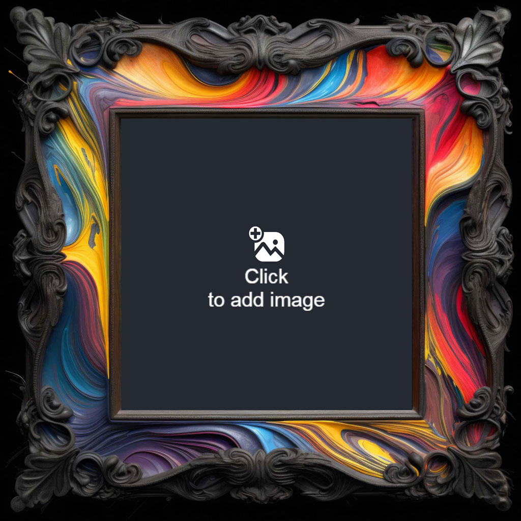 A decorative picture frame with a black center and a vibrant, swirling border.