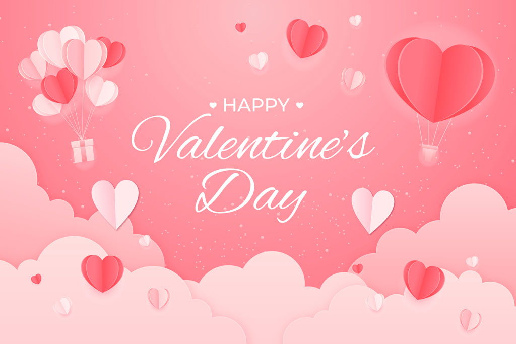 Valentine's Day greeting card with hearts and balloons