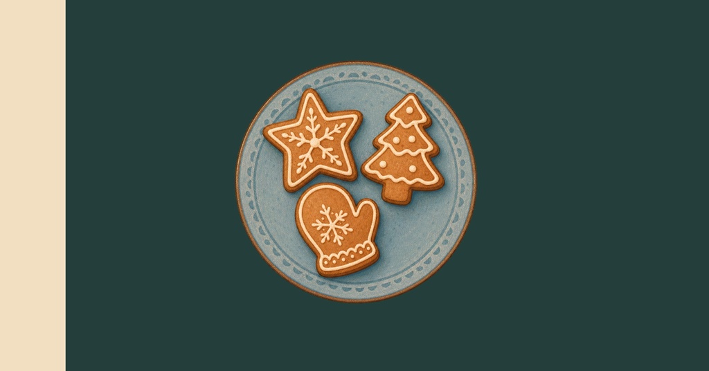 Three iced cookies shaped like a mitten, tree, and snowflake on a plate over a dark green background.