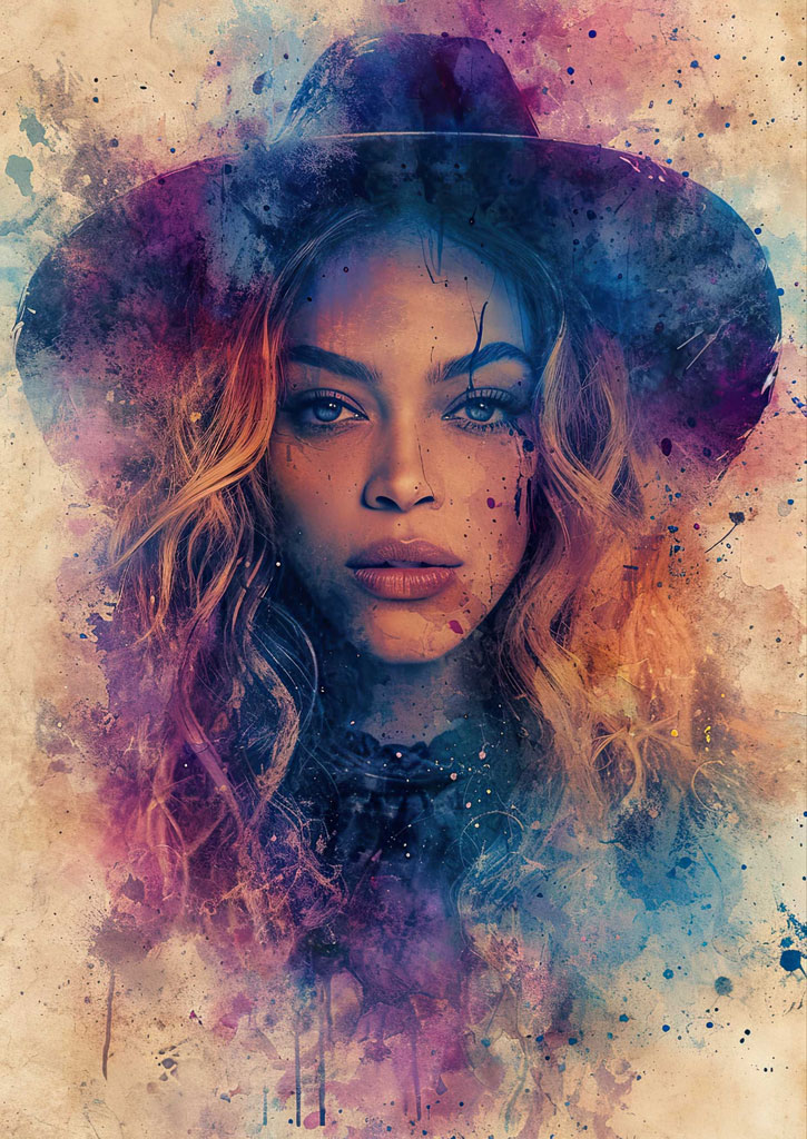 A woman with long wavy hair and a hat, surrounded by colorful watercolor splatters.