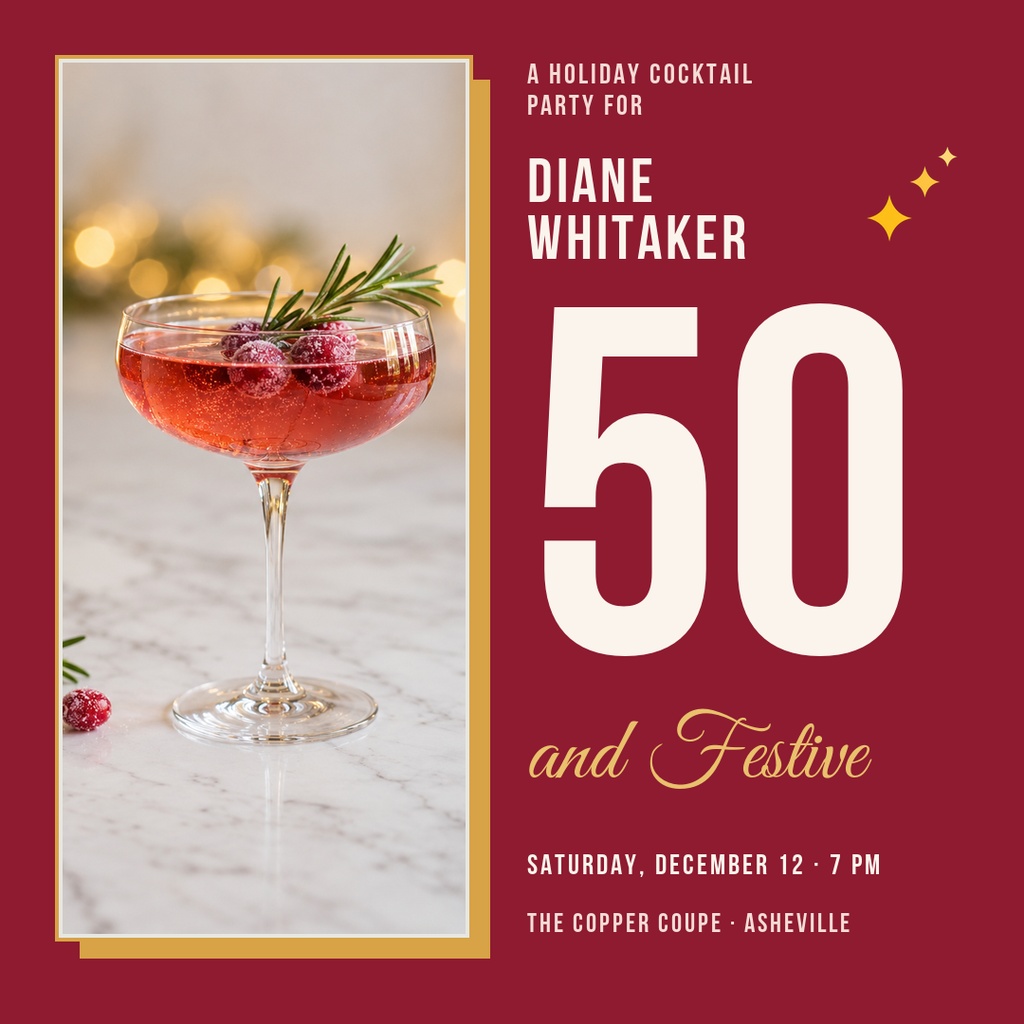 Square invitation with a cocktail glass photo, large number 50, and festive birthday party text on a red background.