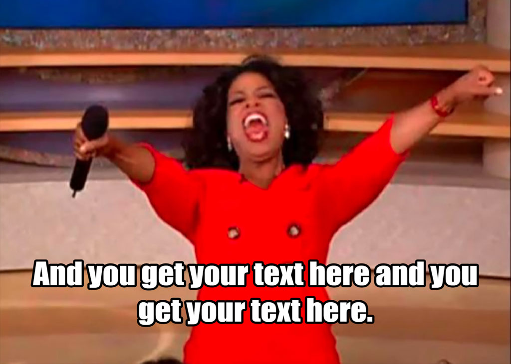 Oprah holding a microphone with arms outstretched and a red dress