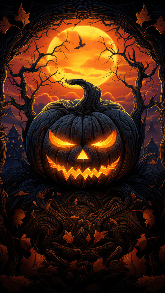 A carved pumpkin with glowing eyes and mouth, surrounded by twisted tree branches and autumn leaves under a full moon.