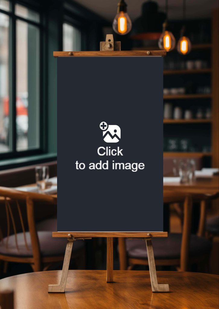 A blank dark blue sign on a wooden easel in a restaurant setting