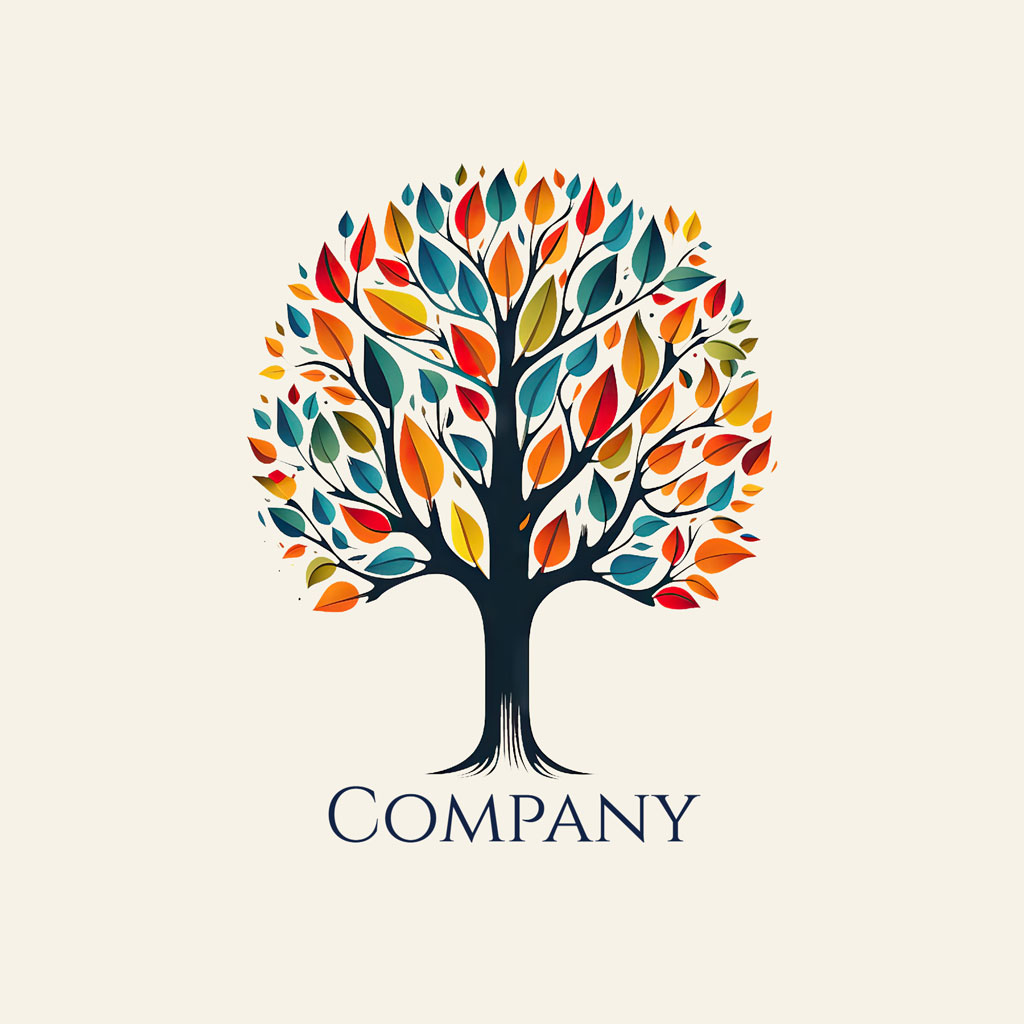 Company logo featuring a tree with multicolored leaves