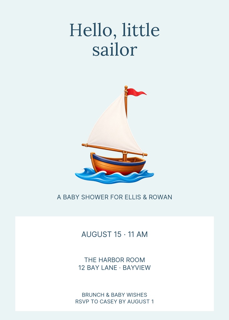 Portrait baby shower invitation with a sailboat illustration and navy text on a light background.