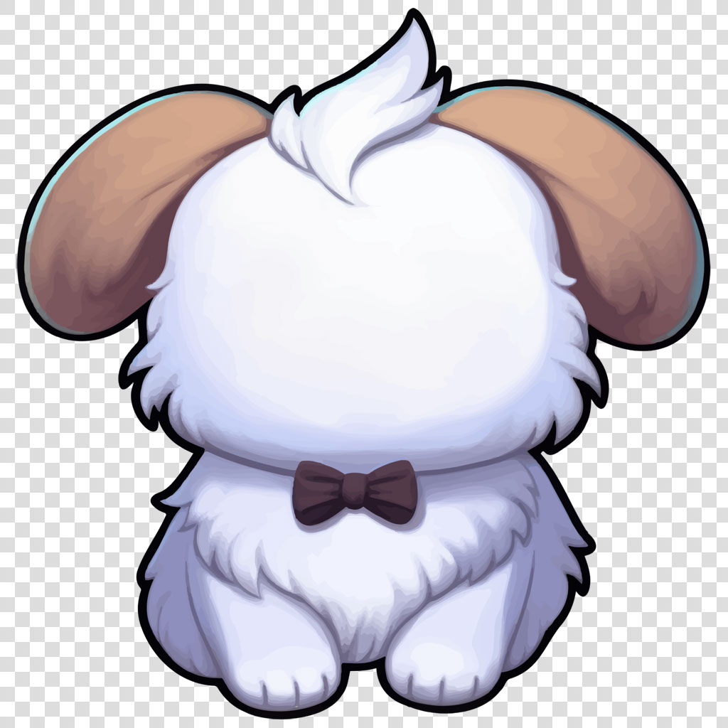Cartoon puppy with white fur and brown ears wearing a brown bow tie