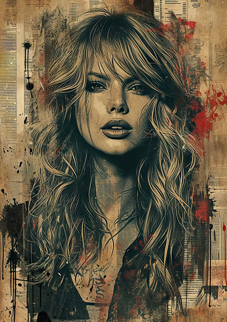 Mixed media portrait of a woman with long, wavy hair