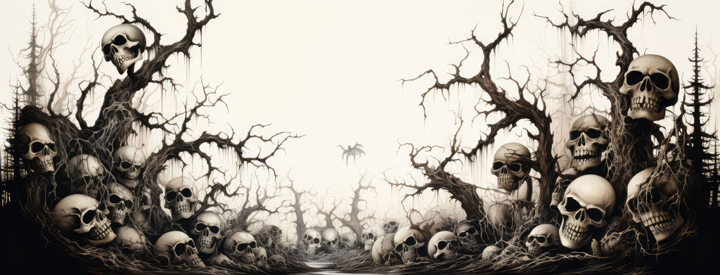 An illustration of numerous skulls entangled in the branches of dead trees, set against a desolate background.