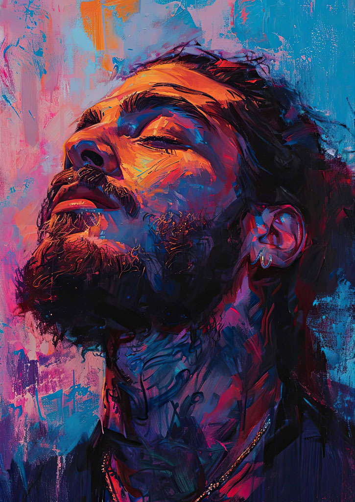 A close-up portrait of a man with his eyes closed, surrounded by a kaleidoscope of colors.