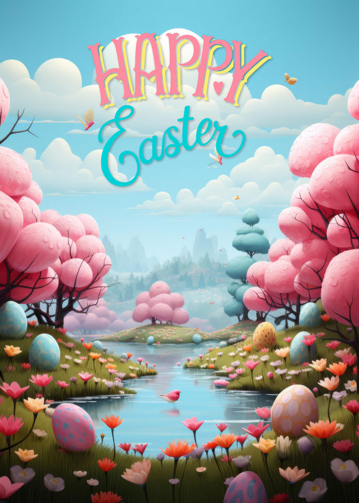 Easter themed illustration with 'Happy Easter' text over a scenic landscape