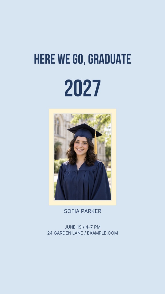 Light blue Instagram story template with graduate portrait, class of 2027 text, and event details.