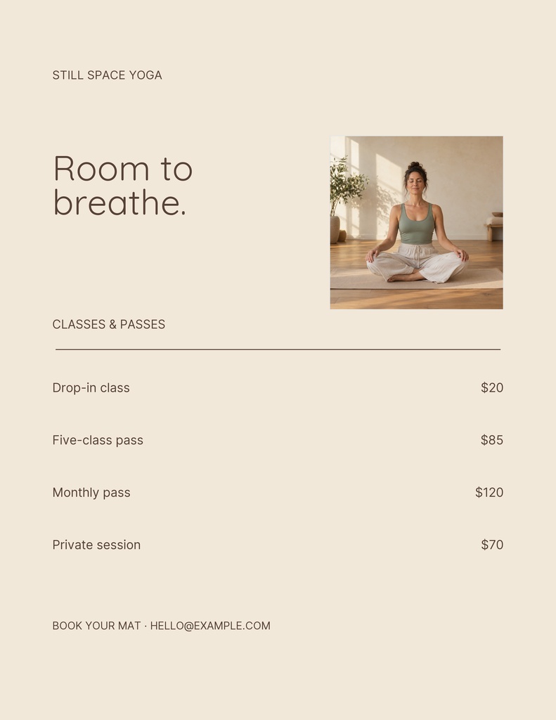 Minimal portrait yoga price list with a seated woman photo and class pass prices.