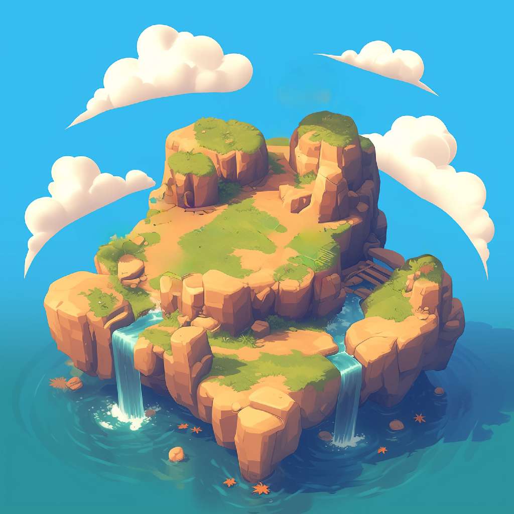 A cartoon island with green grass and waterfalls surrounded by blue water and white clouds