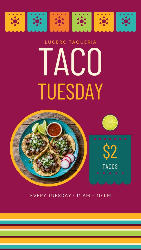 Instagram Story design with taco photos, Taco Tuesday text, and a $2 tacos promotion.