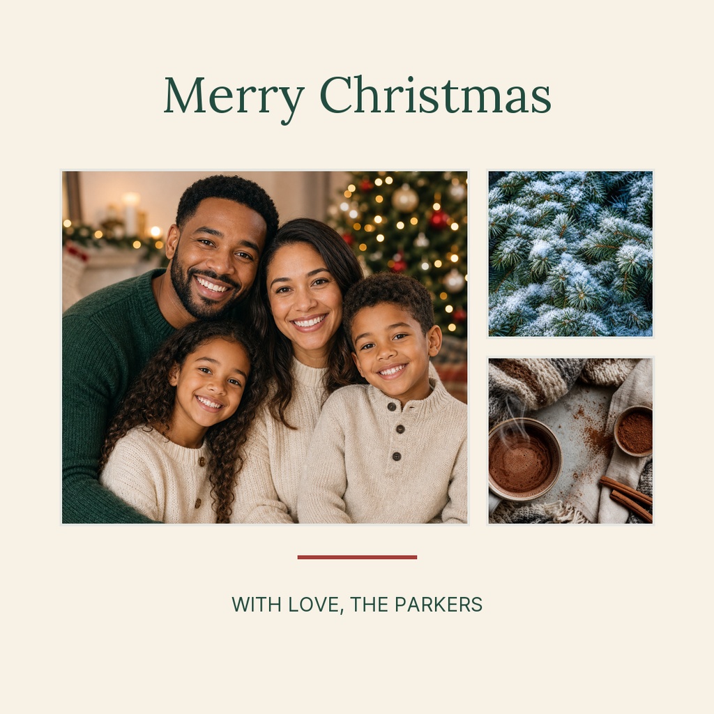 Square holiday card with Merry Christmas text, family photo collage, winter greenery, and cocoa images