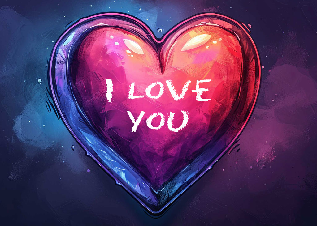 A heart-shaped graphic with 'I LOVE YOU' written on it, set against a dark background.