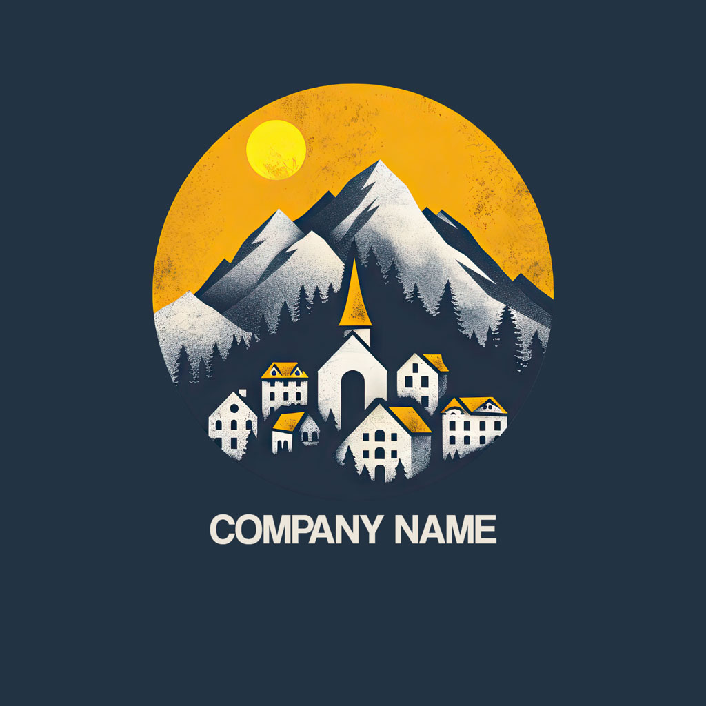Mountain village logo with church and homes