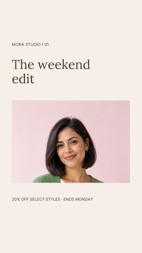 Minimal Instagram story template with a portrait photo and the headline The weekend edit.