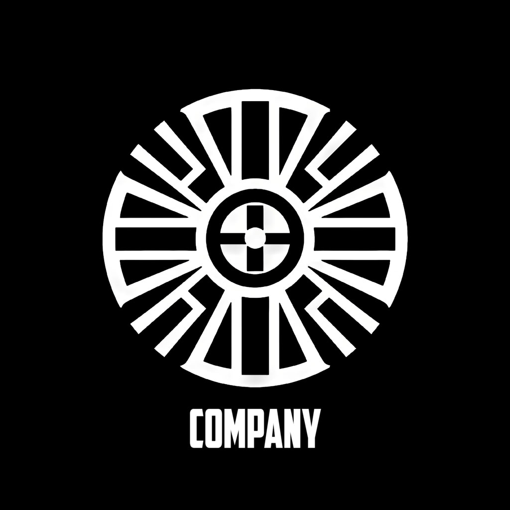 Company logo with sunburst and geometric circle