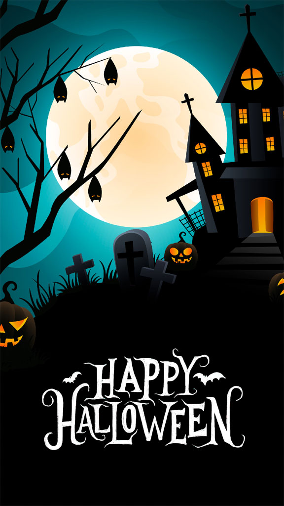 Halloween illustration with a haunted house and graveyard