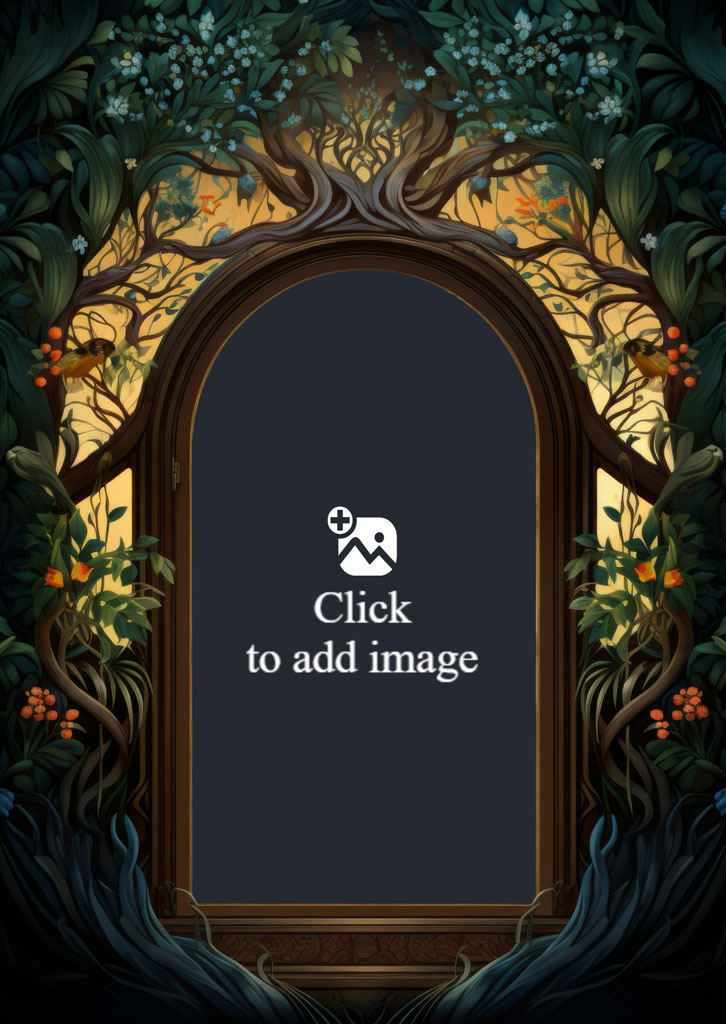 An intricately designed archway with a tree growing through it, surrounded by foliage and flowers.