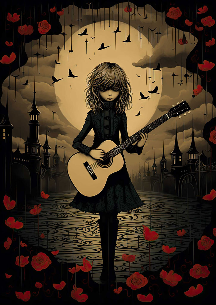 A girl in black dress playing guitar under a full moon with red petals and birds around her.