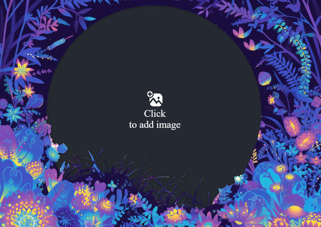 A large black circle surrounded by a vibrant floral border with various flowers and foliage in shades of blue, purple, and yellow.