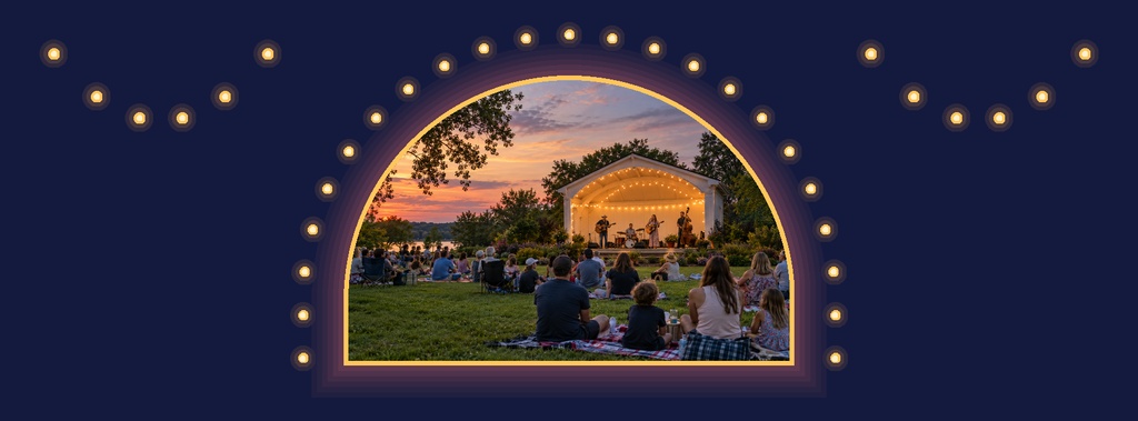 Outdoor concert scene at sunset with an audience facing a lit stage under a curved arch frame.