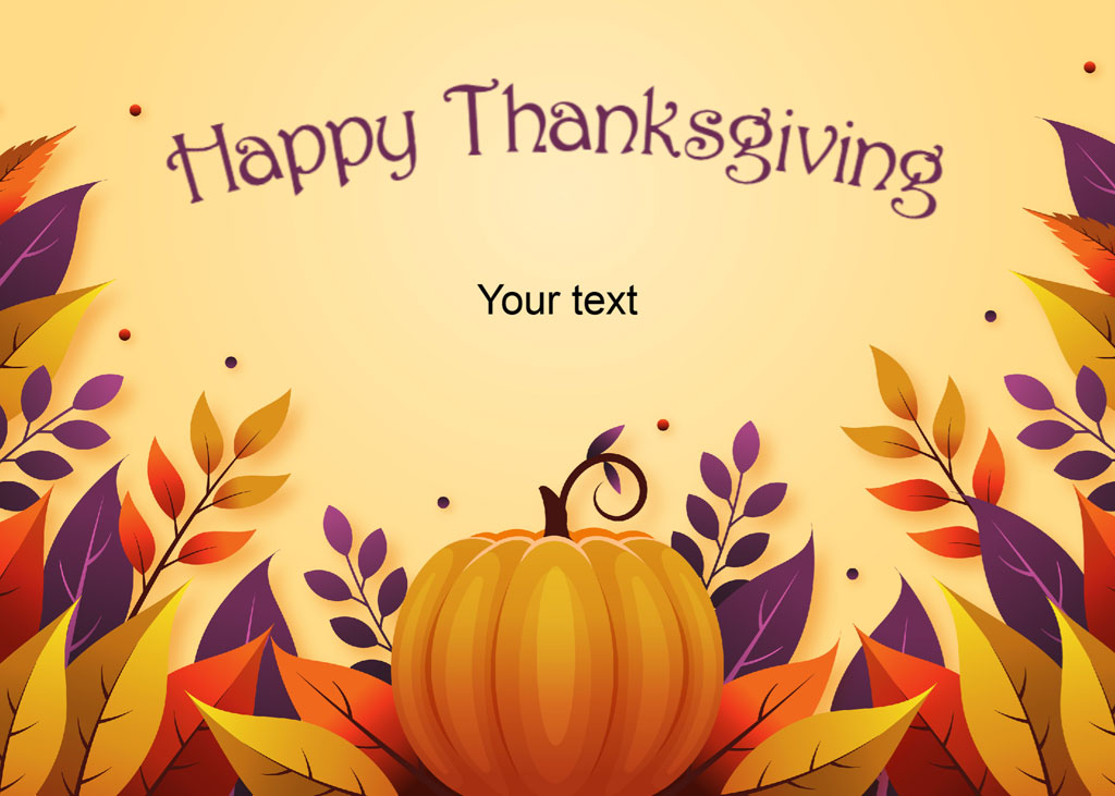 Thanksgiving greeting card with pumpkin and fall leaves